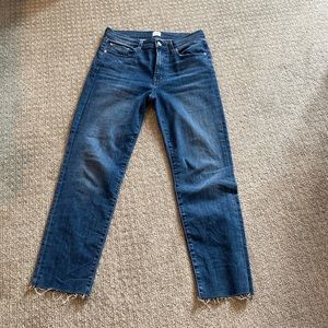 Edwin Bree high waist ankle straight jeans with raw hem.